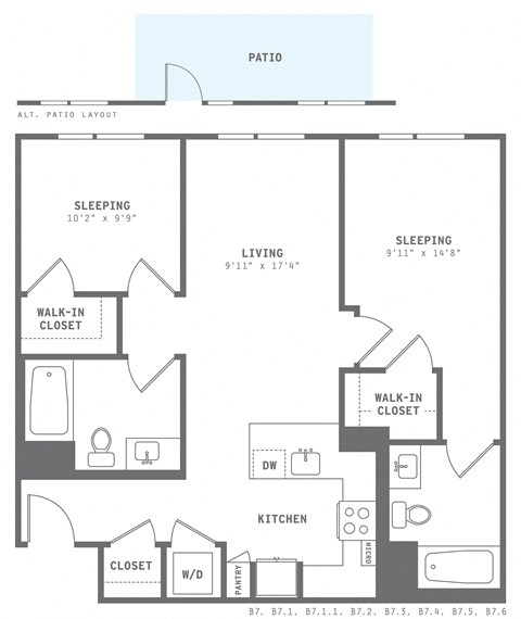 Floor plan for 2 beds, 2 baths, 902 sqft
